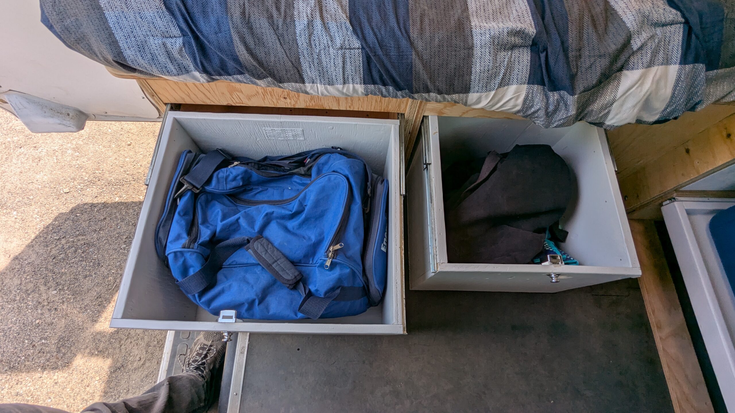 Two drawers for bedding and privacy curtains